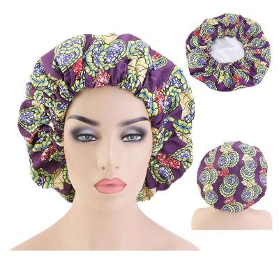 China Picture Wholesale Printed Silky Braid Hoods Night Hat Ankara Pattern Double Layer Satin Striped Hair Hood for sale