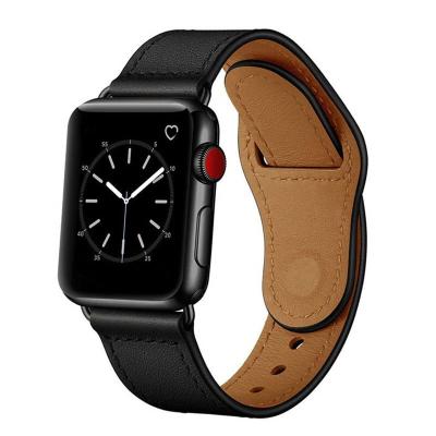 China EAMIRUO Fashion Replacement Black Genuine Leather Watch Band For Apple Watch Series 6 5 4 3 For iWatch Leather Watchband for sale