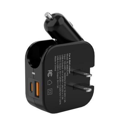 China Mobile Phone 2 in 1 Car Travel Dual AC/USB Wall Home Charger with Global Foldable DC Plug and Universal Plug for sale