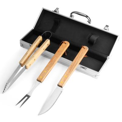 China NEW Top Selling Easily Cleaned Professional 3pcs BBQ Set In Case Stainless Steel BBQ Tool Kit With Wooden Handle for sale