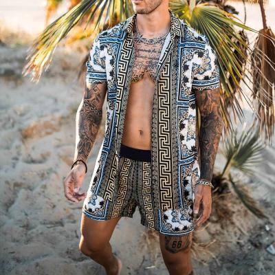 China Polyester Mens Summer Hawaiian 2pcs Beachwear Set US Size Urban Tuxedo Printed Floral Stylish Shirt And Shorts for sale