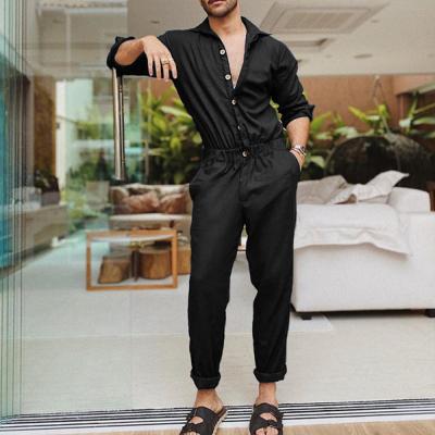 China European and American overalls 2021 new men's solid color QUICK DRY long sleeve slim lapel fashion jumpsuits for sale