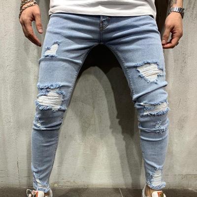 China Polyester/Cotton Mens Slim Feet Small Scuffed Hole Fashionable Jeans Pants Youth Light Blue Jeans for sale