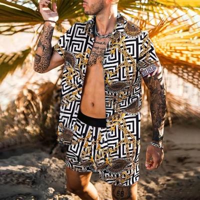 China Polyester Mens Summer Hawaiian 2pcs Beachwear Set US Size Urban Tuxedo Printed Floral Stylish Shirt And Shorts for sale