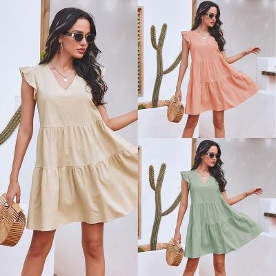 China Designer Women's Breathable Solid Color Deep V-Neck Ruffle Sheath A Line Cake Mini Dress Summer 100 Cotton Casual Casual Dress for sale