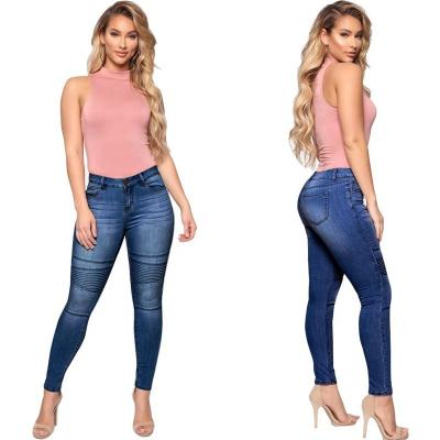 China Last Sustainable Design Integral Blue Ladies Biker Jeans Butt Lift Women Jeans for sale