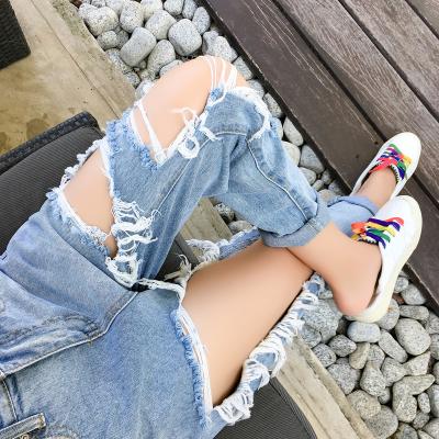 China Ladies Streetwear Loose Fit Jeans Breathable Casual Straight Leg High Waist Jeans Ripped Holes Women Slim Denim Pants for sale