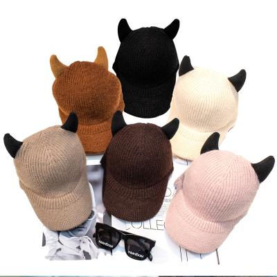 China COMMON Hot Selling Autumn Winter Cute Devil Out Door Thicken Velvet Plus Warm Ear Cover Knitted Horns Baseball Hat for sale