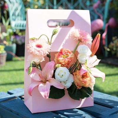 China Recycled Materials Paper Bags With Your Own Logo Kraft Paper Flower Bouquet Suitcase With Handle For Wedding Birthday Valentine Day Anniversary for sale