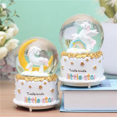 China Europe Gifts Fantasy Girl Heart Rainbow Unicorn Crystal Ball Music Box Snowflake Party Moon Lights Desktop Decorations for sale