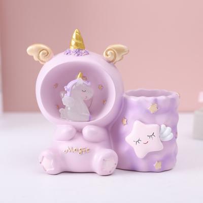 China New National Manufacturer Pink Unicorn Pen Storage Pen Holder Lamp Small Tender Storage Desk Student Supplies Resin Crafts for sale