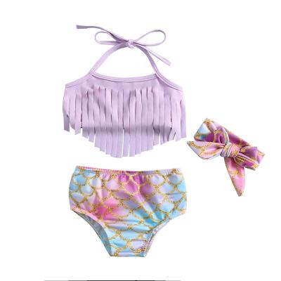 China Customized Breathable Babies 3-Piece Swimsuit Set With Bandage Kids Swimwear Tassel Tankini Children Swimwear for sale