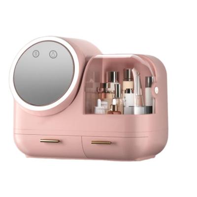 China Tiktok Viable Hot Sale Dustproof Portable Cosmetic Storage Box With Led Makeup Light Organizer Mirror With Drawers With Cool Wind for sale