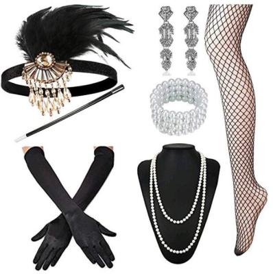 China Polyester 1920s Helmet Net Tights Set With Hadband Earrings Necklace Gloves Cigarette Holder for sale