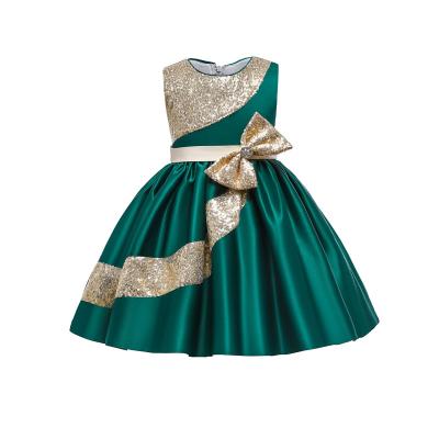 China Fashion big sleeveless boutique bows O-neck kids sequin satin satin party girls dress kids formal dresses AM003 for sale