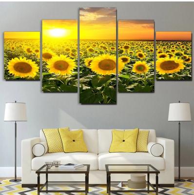 China CREATIVE HD Printed 5 Piece Canvas Prints Sunflower Sunset Canvas Painting Gold Flower Field Wall Pictures For Living Room Home Decor for sale