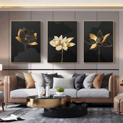 China CREATIVE Whole Sale Europe Black And Gold Modern Canvas Painting Wall Picture Lotus Flower Poster Prints Abstract For Living Room Decor for sale