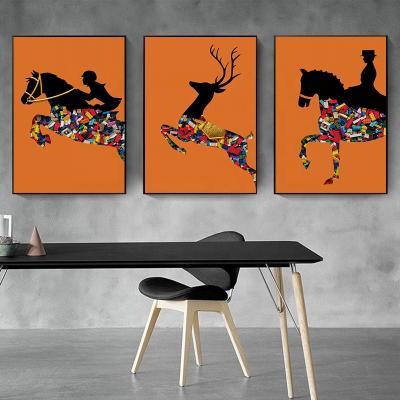 China CREATIVE Scandinavian Running Horse Canvas Style Orange Pictures Painting For Living Room Modern Prints On Canvas Wall Home Decoration for sale