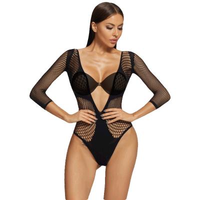 China Valentine's day lingerie sexy sexy mesh bodystocking long mesh sleeves hollow out big transparent queen size women bodystocking for sale