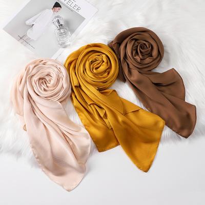 China Stain New Satin Crepe Tudung Ladies Crinkle Plain Color Silk Scarf Shawl Long Wrap Muslim Women Pleated Stain Silk Hijabs for sale