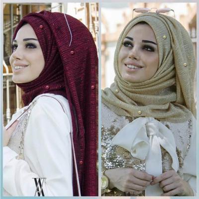 China Wholesale Polyester Scarf Hijab With Turned Gold Pearl Hijabs Soft Scarf Turban The Beautiful Muslim Hijab For Women for sale