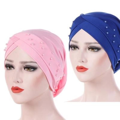 China Cotton Makers Spot New Criss Cross Fabric Front Stretch Hijabs Indian Beaded Turban Cap Chemotherapy Hijabs for sale