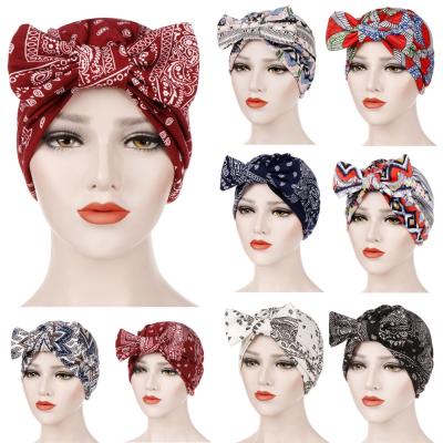 China Movable Detachable Flower Printed High Quality Toe Hijabs Indian Turban Cotton Bow Cashew Muslim Hijabs New for sale