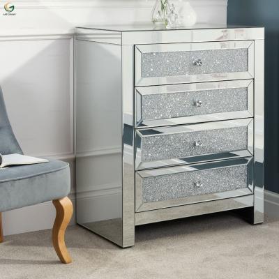 China Storage Crushed Diamond Furniture Modern Cabinet Storage Bedroom Stacked Dresser Mirrored 4 Drawer Chest for sale