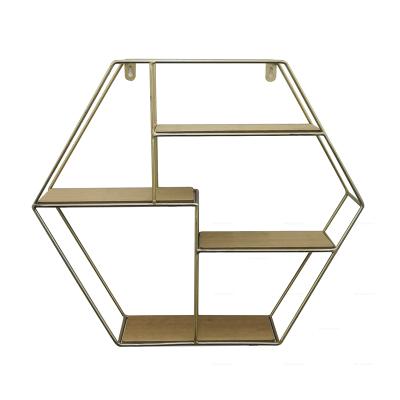 China Home Decor Metal Frame Gold Wire Storage Wall And Display Storage Wood Shelves for sale