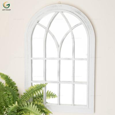 China Art Decor Rustic Home Decorative Garden Arch White Window Wooden Wall Mirror for sale