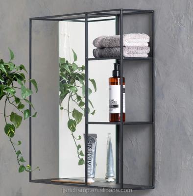 China Hand Made Black Modern Metal Bathroom Mirror With Shelf For Storage for sale