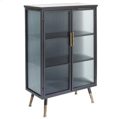 China Living Room Furniture Decorative Storage 2 Doors Industrial Metal Wine Metal Storage Black Glass Display Cabinet With Shelf for sale