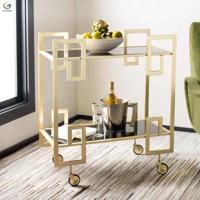 China Luxury Home Dining Room Hotel Furniture Kitchen Bar Cart Gold Drinks Cart METAL IRON+MIRROR for sale