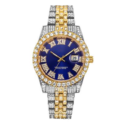 China Bling Bling Brand Full Diamond Watch Alloy Band Date Brand Mens Day/Date Luxury Rhinestone Watch Out Of Hip Hop Shinny Quartz Watches for sale