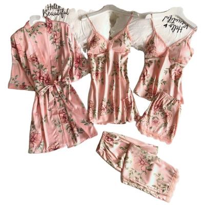 China QUICK DRY Women's Pajamas Floral Print 5Pcs Satin Set Sleepwear Silk V-Neckline Lace Up Sexy Nightgown Bathrobe Robe Home Use Korean Nightgowns for sale