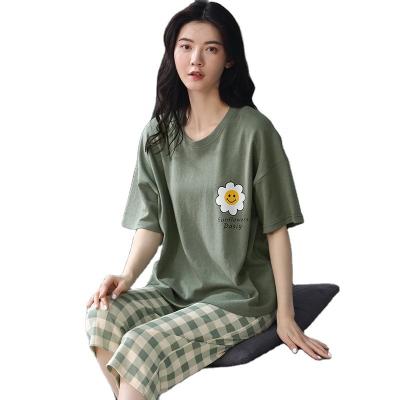 China QUICK DRY Women's Pajamas 2 Pcs Summer Shorts Sleeve Calf Length Pants Set Nightgowns Korean Milk Printing Nightgowns Cartoon Silk Sleepwear for sale