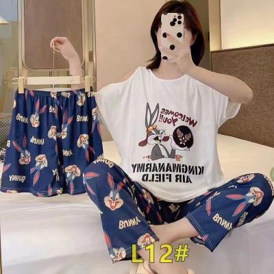 China QUICK DRY women's pants summer milk off-shoulder soft sleepwear pajamas shorts 3 piece set cartoon silk women's housewear Korean style for sale