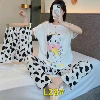 China QUICK DRY Sleepwear Women's Off-Shoulder Short Sleeve Shorts Pants 3 Pieces Set Nightgowns Korean Style Cartoon Soft Homewear Pajamas for sale