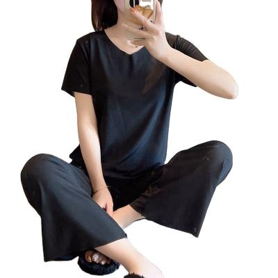 China QUICK DRY Women's Ice Cream Yarn Solid Color Casual Home Suit Pajamas Sleeve High Quality Silk Short Elastic Sweater Top Pants for sale