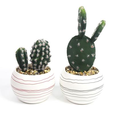 China Environmental protection indoor green decorative artificial cactus bonsai with ripple ceramic pot for sale