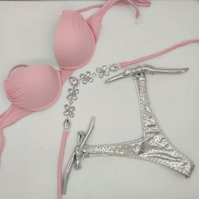 China 4Colors ACTION Breathable Rhinestone Embellished Bikini Underwire Lift Up V SHAPE Two Piece Diamond Swimwear for sale