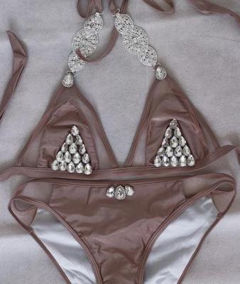 China Breathable HOT Nudity Clear Mesh Insert Triangle Conector Rhinestone Bikini Set Sheer Glass for sale