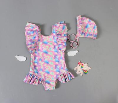 China Breathable Lovely Ruffle RUNNING Trim Girls Swimsuit Kids Print One Piece Swimwear for sale