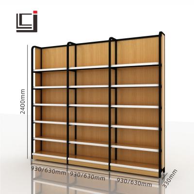 China Supermarket and Store Display Stand Single Side Shelf Single Side Steel Wooden Shelf Display Factory Outlet for sale