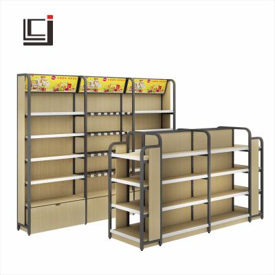 China Double-Sided Steel Wooden Shelf Gondola Shelf Supermarket Display Rack Store Fixtures Factory Outlet Can Be Customized for sale