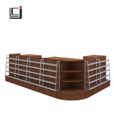 China Supermarkets and store supermarket and store checkout steel-wood combination cashier counter counter with storage shelf for sale