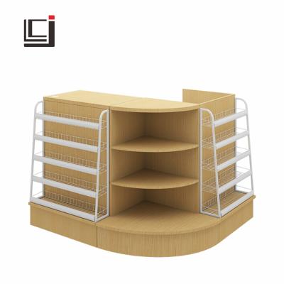 China Supermarkets Store Shop Cashier Counter Supermarket Cashier Corner Maternal And Child Pharmacy Clothing Arc Simple Wood Shelf for sale