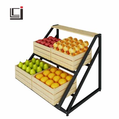 China Supermarket and store vegetable and fruit display rack double sided wood rack and shelf steel wood display for vegetable and fruit display for sale