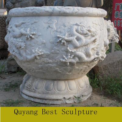 China Home/Garden/Hotel/Villa Decoration Customized White Marble Flower Pot with Dragon Carving Sculpture for sale