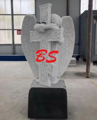 China Modern White Marble Weeping Angel Cross Statue Sculpture Holding A for sale